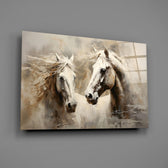 Romantic equine pair glass wall art over walnut console in equestrian study