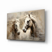 Two white horses painterly cinematic glass wall art above linen sofa in country-house living room