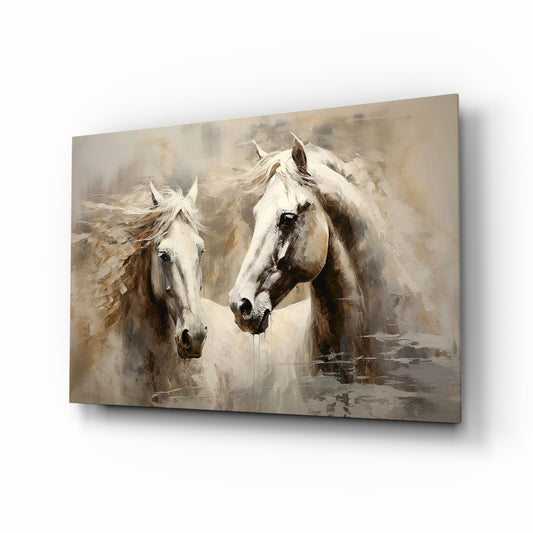 Two white horses painterly cinematic glass wall art above linen sofa in country-house living room