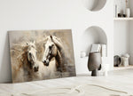 Paired-horses oil cinematic glass wall art in heritage hallway