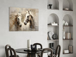 Stubbs-style equine cinematic glass wall art over master-bedroom headboard