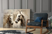 Sepia-haze horses cinematic glass wall art in country-club library