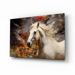 White stallion storm cinematic glass wall art above leather chesterfield in equestrian study