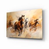 Running horse herd painterly cinematic glass wall art above linen sofa in country-house living room