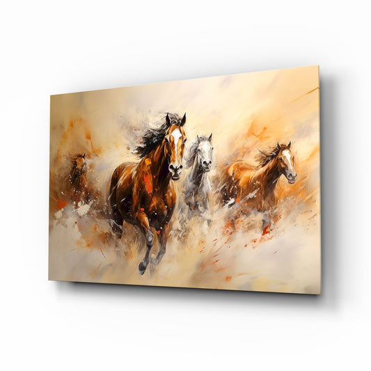 Running horse herd painterly cinematic glass wall art above linen sofa in country-house living room