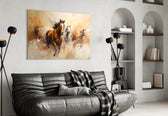 Amber-dust herd cinematic glass wall art in Western-themed entryway
