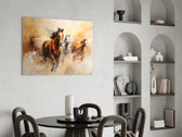 Painterly bay-and-white horses cinematic glass wall art over master-bedroom headboard