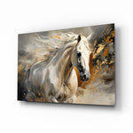 White horse gold-splatter painterly cinematic glass wall art in equestrian-themed study