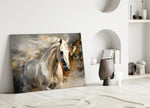 Gold-and-charcoal horse cinematic glass wall art over walnut console in designer entryway