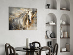 Equine-luxury cinematic glass wall art over master-bedroom headboard