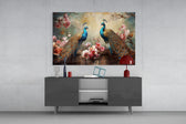 Cherry-blossom peacock cinematic glass wall art in luxury hallway