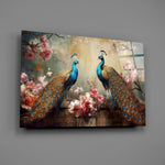 Chinoiserie-revival cinematic glass wall art over walnut dining sideboard