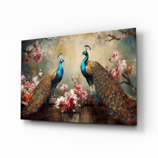 Peacock pair cherry-blossom cinematic glass wall art above ivory boucle sofa in glamorous lounge