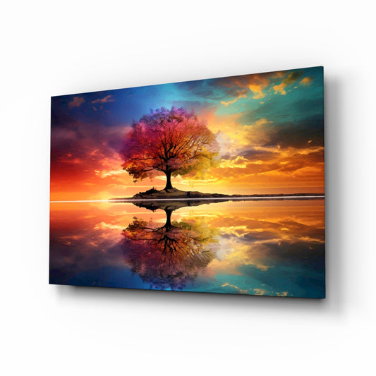 Rainbow Tree of Life cinematic glass wall art above linen sofa in designer living room
