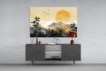Minimalist Eastern cinematic glass wall art in light-filled garden room