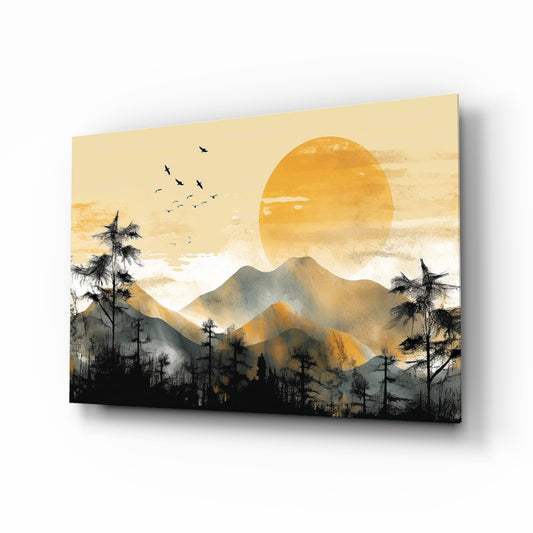 Stylized sunrise mountain cinematic glass wall art above linen sofa in designer living room