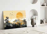 Graphic-poster mountain cinematic glass wall art in wellness studio reception