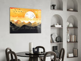 Ember-orange sky cinematic glass wall art over master-bedroom headboard