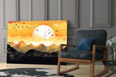 Eastern-woodblock cinematic glass wall art in country-house library