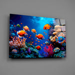 Marine reef documentary glass wall art over walnut sideboard in maritime study