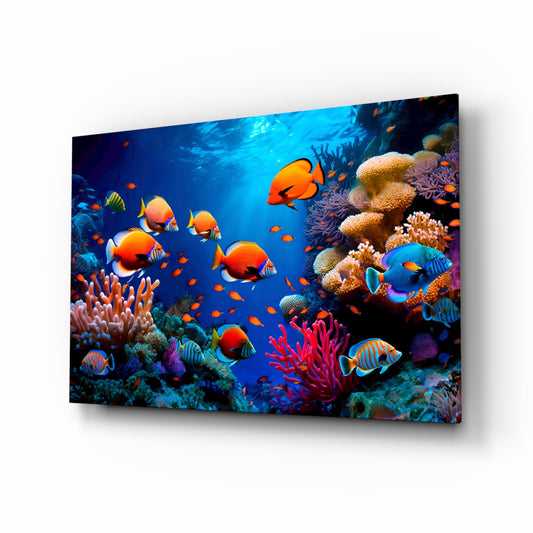 Coral reef tropical fish cinematic glass wall art above linen sofa in coastal living room