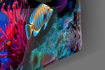 Underwater coral cinematic glass wall art over modern dining sideboard