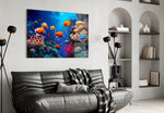 Vibrant coral cinematic glass wall art in hospitality lounge