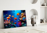 Tropical fish school cinematic glass wall art in child's marine-themed bedroom