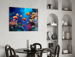 Reef-photography cinematic glass wall art over master-bedroom headboard