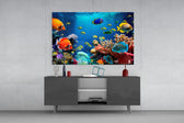 Documentary reef cinematic glass wall art in resort suite living room