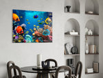 Reef-photography cinematic glass wall art over master-bedroom headboard