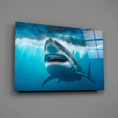 Cinema-poster shark glass wall art over walnut console in maritime study