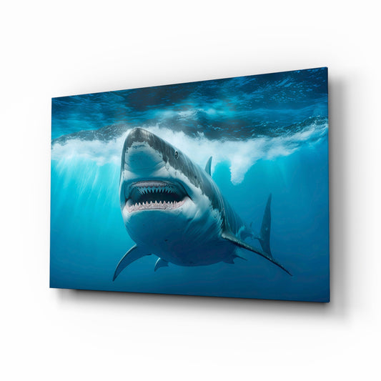 Surfacing great white shark cinematic glass wall art above leather chesterfield in man-cave gym