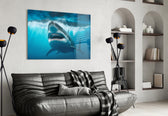 Documentary shark cinematic glass wall art in tasteful boys' bedroom