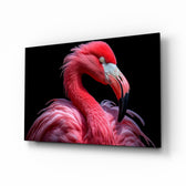 Pink flamingo portrait cinematic glass wall art above velvet headboard in glamorous bedroom