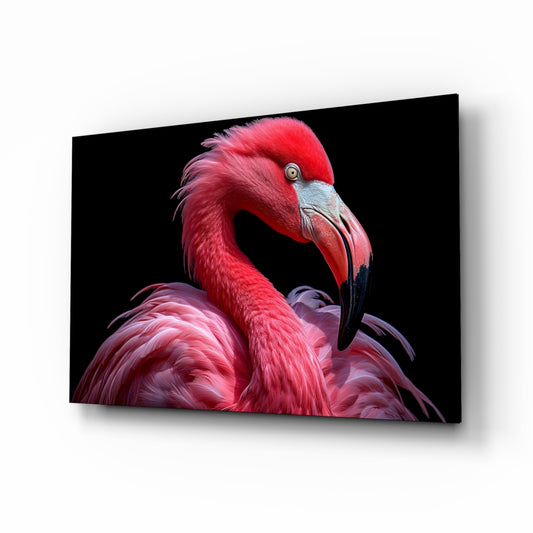 Pink flamingo portrait cinematic glass wall art above velvet headboard in glamorous bedroom
