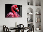 Hot-coral flamingo cinematic glass wall art over walnut console in glamorous lounge