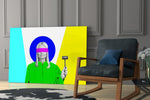 Color-block judge cinematic glass wall art in designer hallway