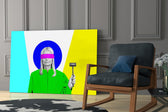Color-block judge cinematic glass wall art in designer hallway