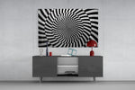 Modern-graphic cinematic glass wall art in gallery-style hallway