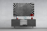 Modern-graphic cinematic glass wall art in gallery-style hallway