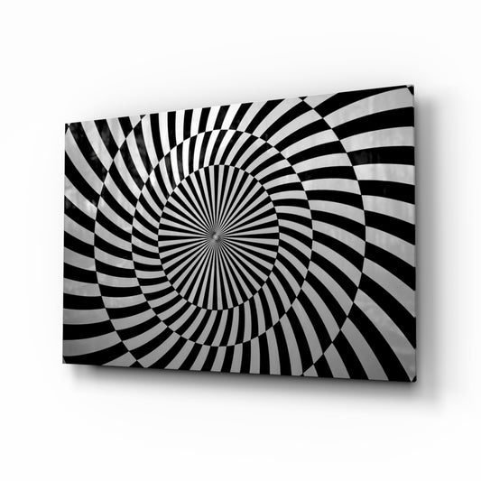 Op art spiral B&W cinematic glass wall art above leather chair in designer office