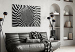 Op-art kinetic cinematic glass wall art over walnut console in study