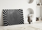 Bridget-Riley-style cinematic glass wall art in modernist living room
