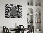 B&W spiral cinematic glass wall art over modern dining sideboard