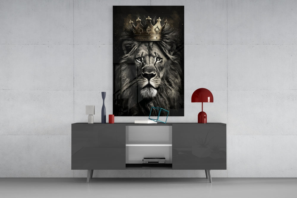 Royal lion cinematic glass wall art in entrepreneur's office