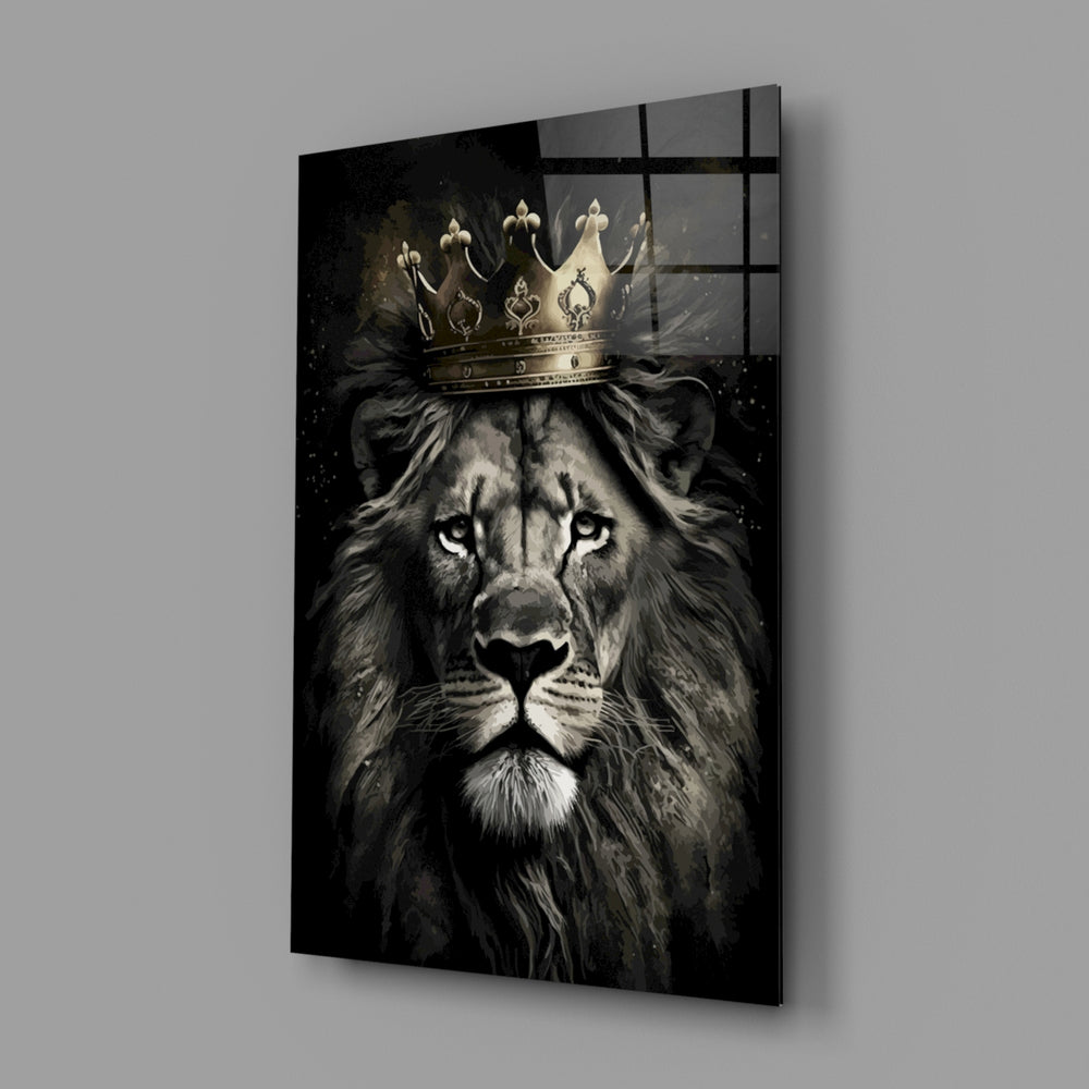 Regal heraldic lion glass wall art in designer-luxury entryway
