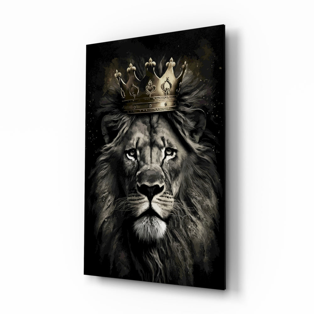 Lion king gold crown cinematic glass wall art above leather chesterfield in gentleman's study