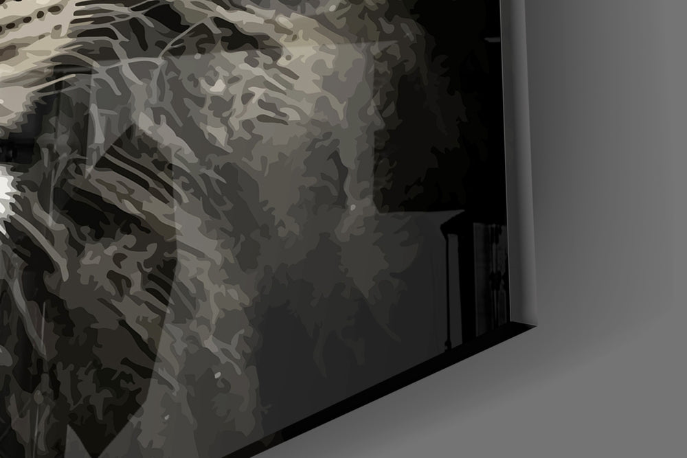 Lion-of-Judah cinematic glass wall art over modern dining sideboard