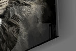 Lion-of-Judah cinematic glass wall art over modern dining sideboard